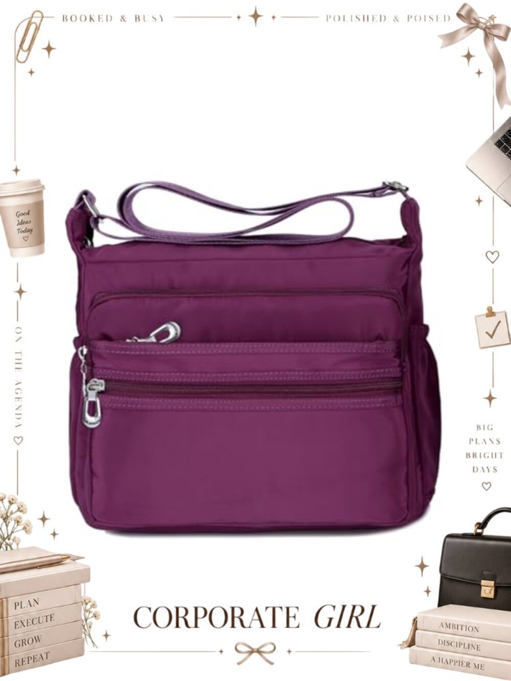 Waterproof Nylon Crossbody Bag Multi-Pocket Shoulder Purse Travel